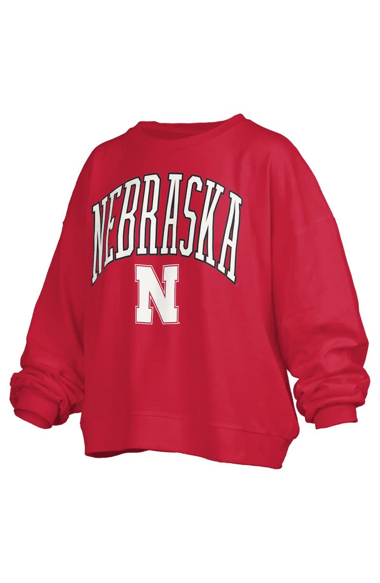 PRESSBOX Women's Pressbox Scarlet Nebraska Huskers Janise Arch Over Logo Waist Length Oversized Pullover Sweatshirt, Alternate, color, Scarlet