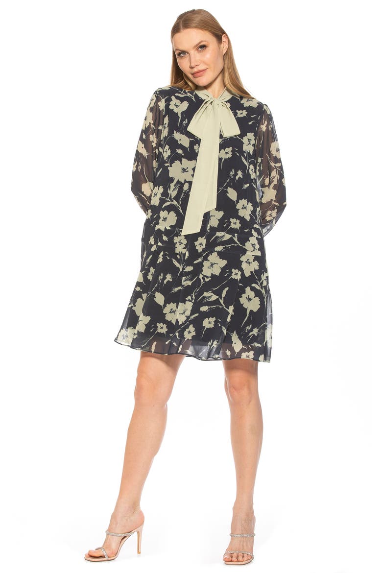 Drop Waist Tie Neck Long Sleeve Dress, Alternate, color, BLACK WHITE FLORAL
