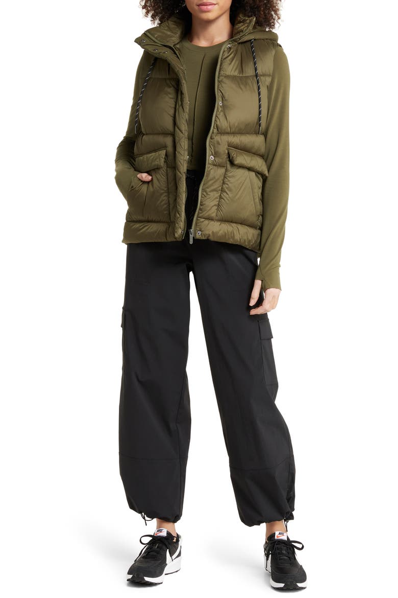 Quilted Hooded Cocoon Vest, Alternate, color, OLIVE NIGHT