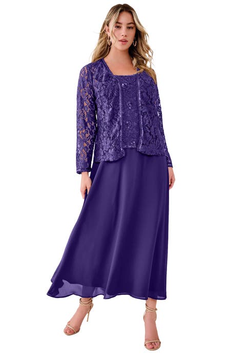 Plus Size 2 Piece Long Sleeve Embellished Lace Jacket And Full Gown