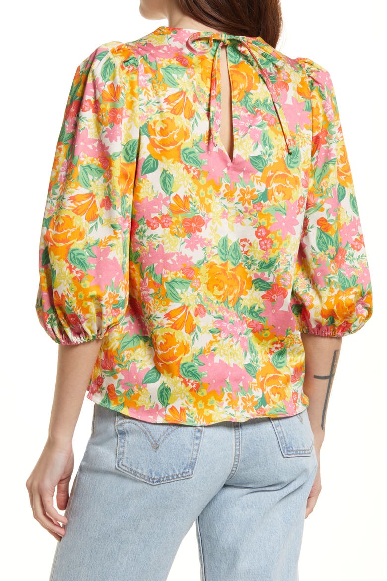 Floral Print Puff Sleeve Stretch Cotton Top, Alternate, color, ORANGE