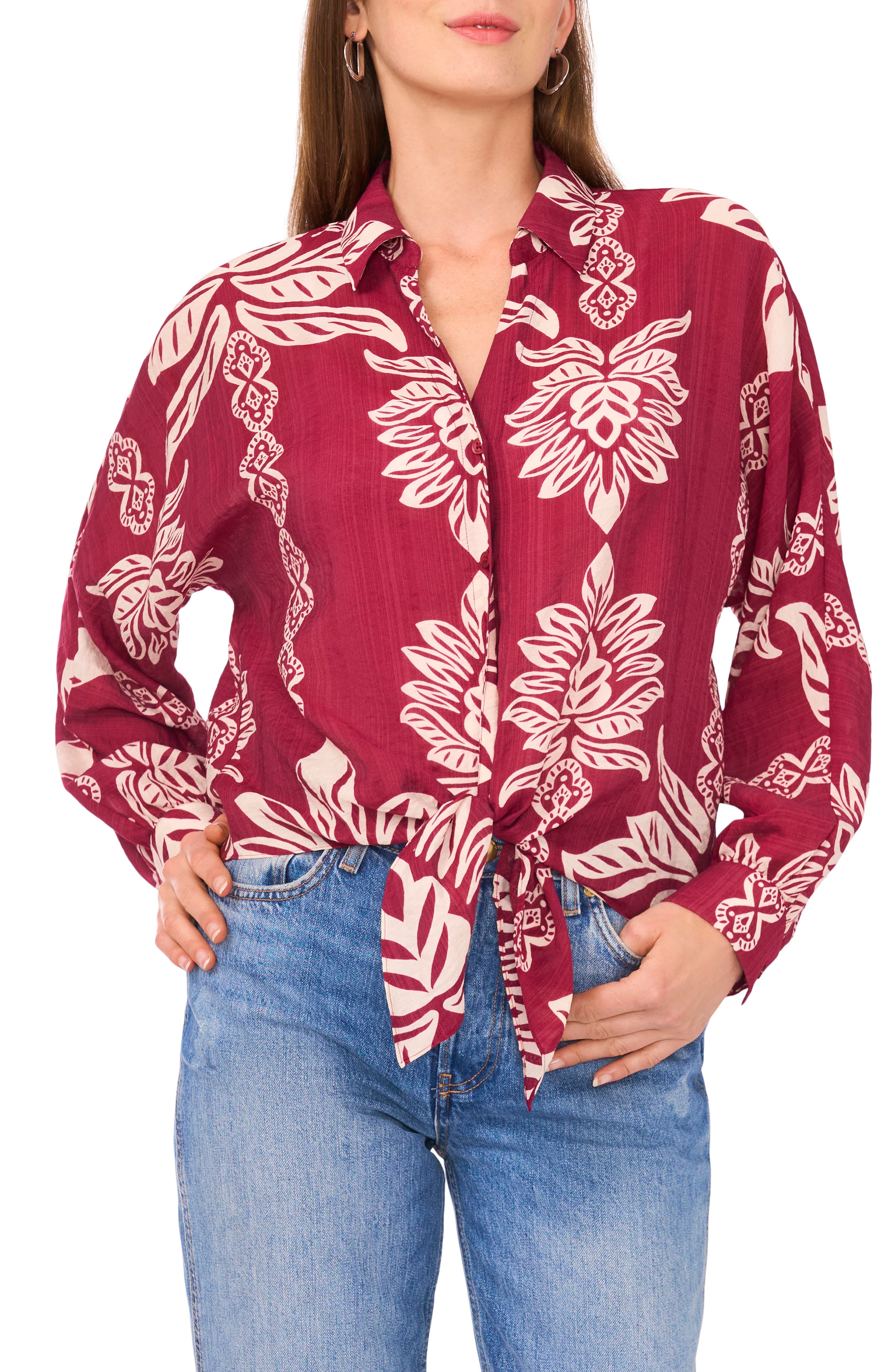 Halogen® Long Sleeve Tie Hem Button-Up Shirt