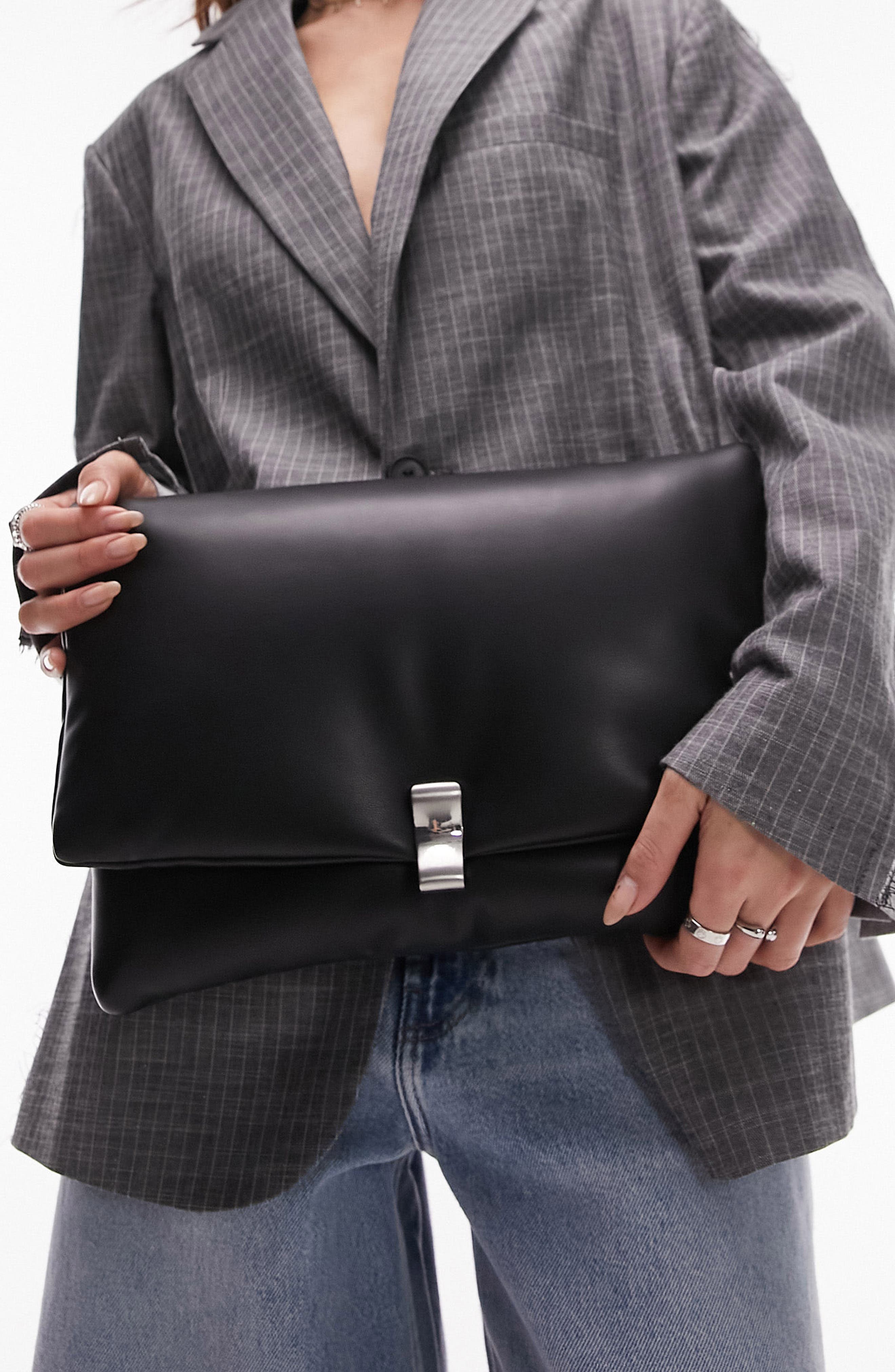 Oversize Puffy Faux Leather Envelope Clutch, Alternate, color, BLACK
