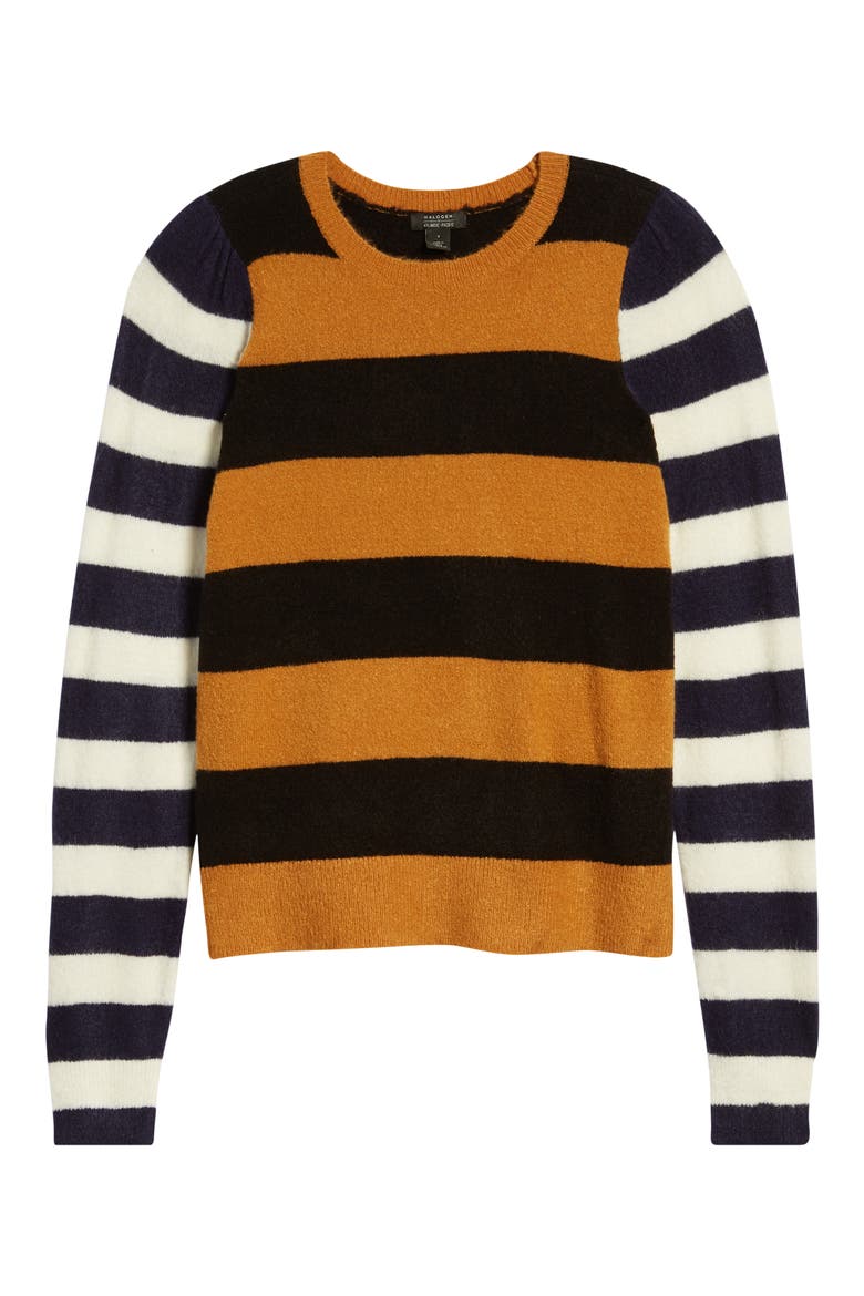 x Atlantic-Pacific Mix Stripe Puff Sleeve Sweater, Alternate, color, TAN SUGAR- BLACK MIX STRIPE