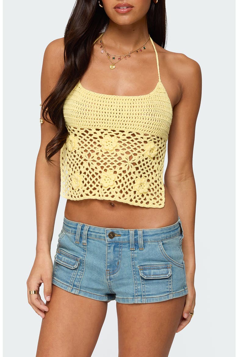 Miel Crochet Backless Halter Top, Main, color, YELLOW