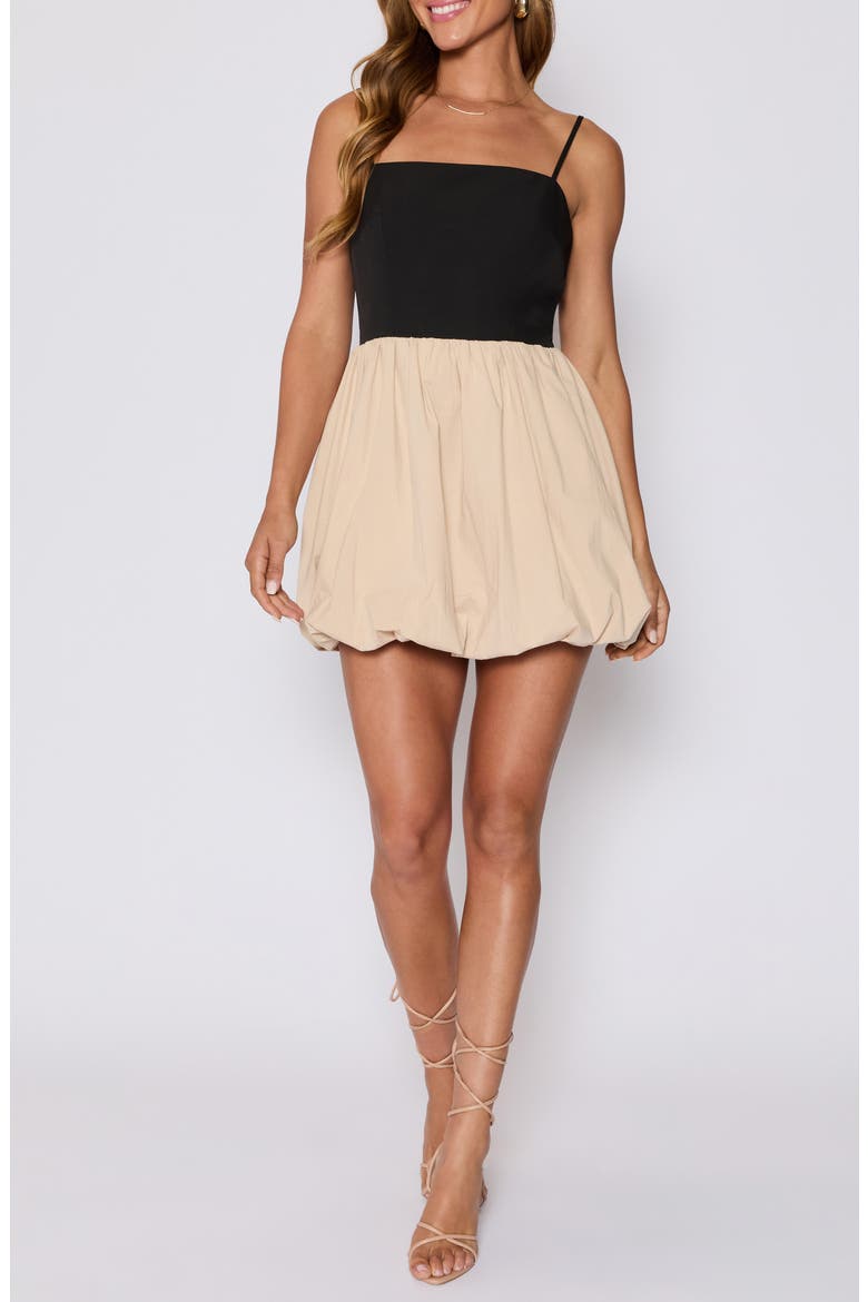 Colette Mixed Media Bubble Hem Minidress (Nordstrom Exclusive), Main, color, BLACK/ KHAKI