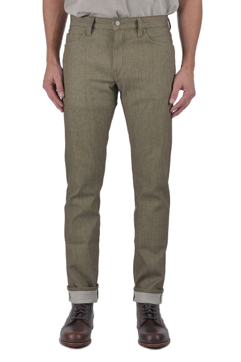 The Pen Slim 10.5-Ounce Stretch Selvedge Jeans, Main, color, DARK GREEN RAW