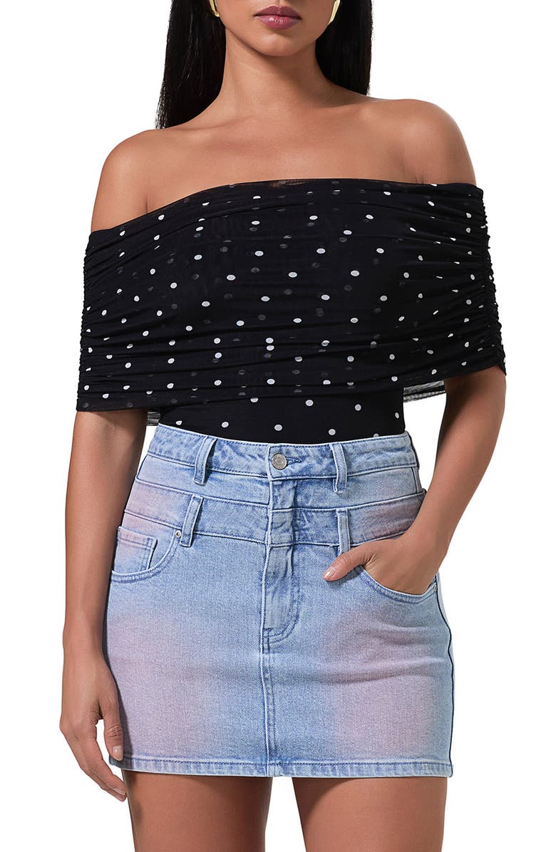 AFRM Divya Off the Shoulder Bodysuit, Main, color, Noir Micro Dot