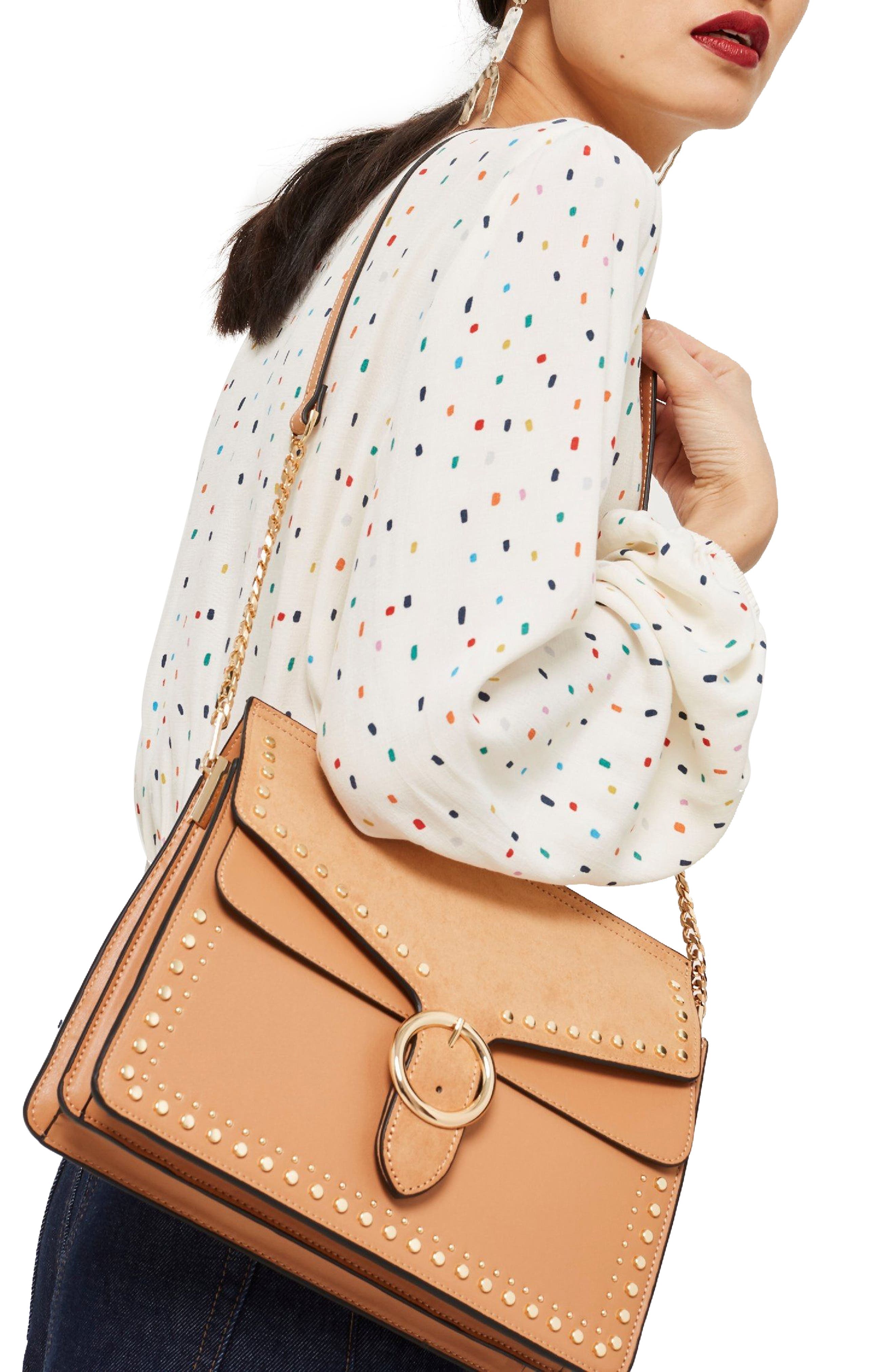 Peony Studded Shoulder Bag, Alternate, color, TAN