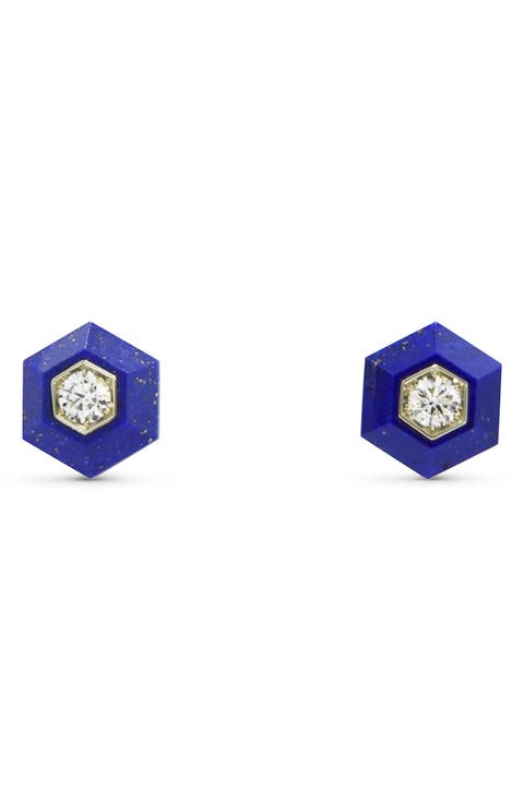 Hexagonal Lapis & Diamond Stud Earrings