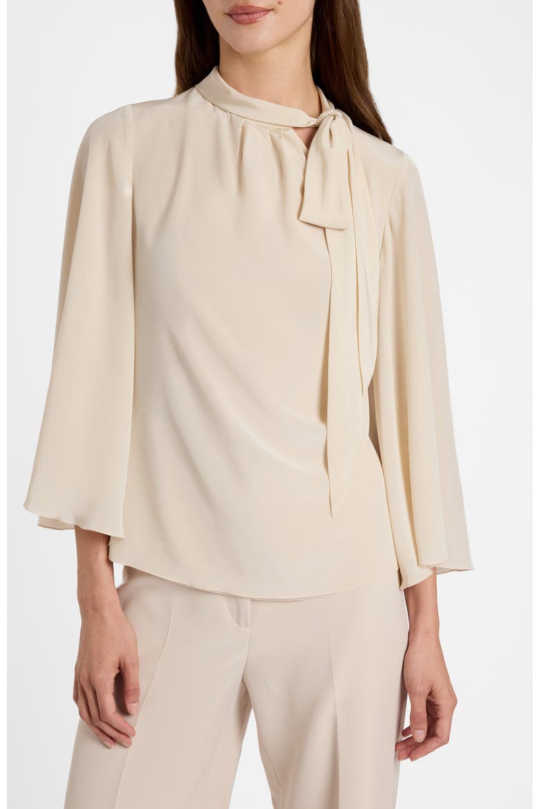 Lena Tie Neck Blouse in Silk Crepe De Chine, Main, color, Latte