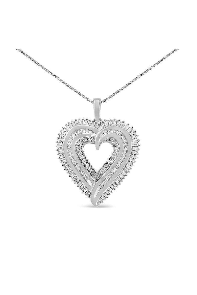 Silver 1 1/2 Cttw Baguette Diamond Composite Heart 18" Inch Pendant Necklace, Main, color, White