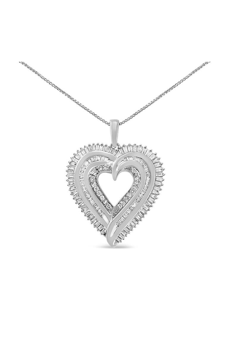 Haus of Brilliance Silver 1 1/2 Cttw Baguette Diamond Composite Heart 18" Inch Pendant Necklace, Main, color, White