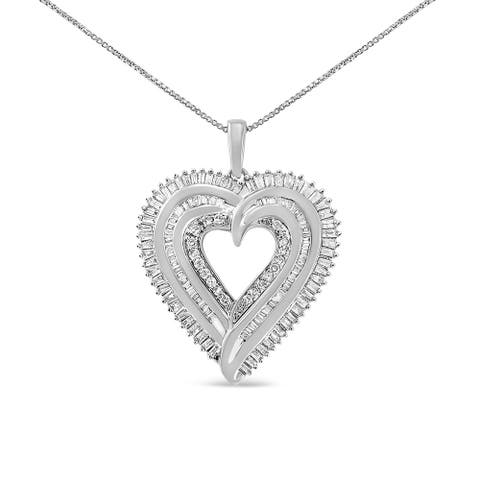 Silver 1 1/2 Cttw Baguette Diamond Composite Heart 18" Inch Pendant Necklace