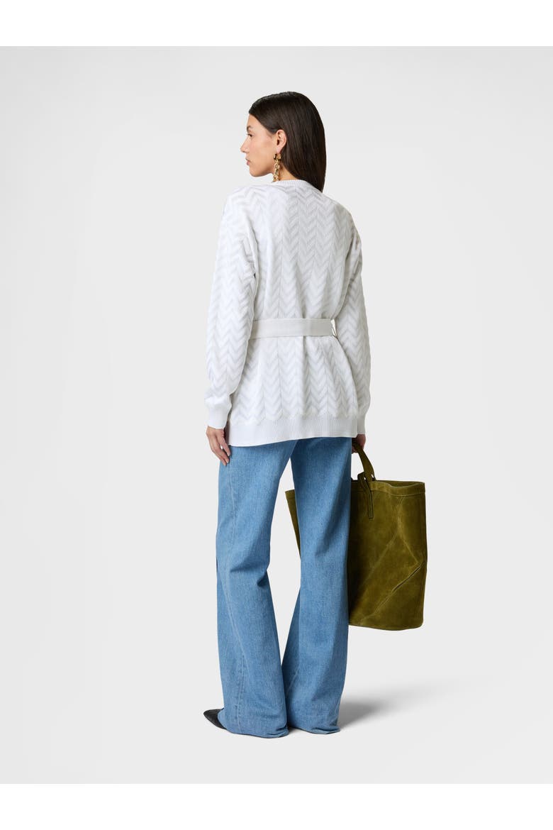 Cardigan In Cotton And Viscose Chevron With Belt, Alternate, color, White