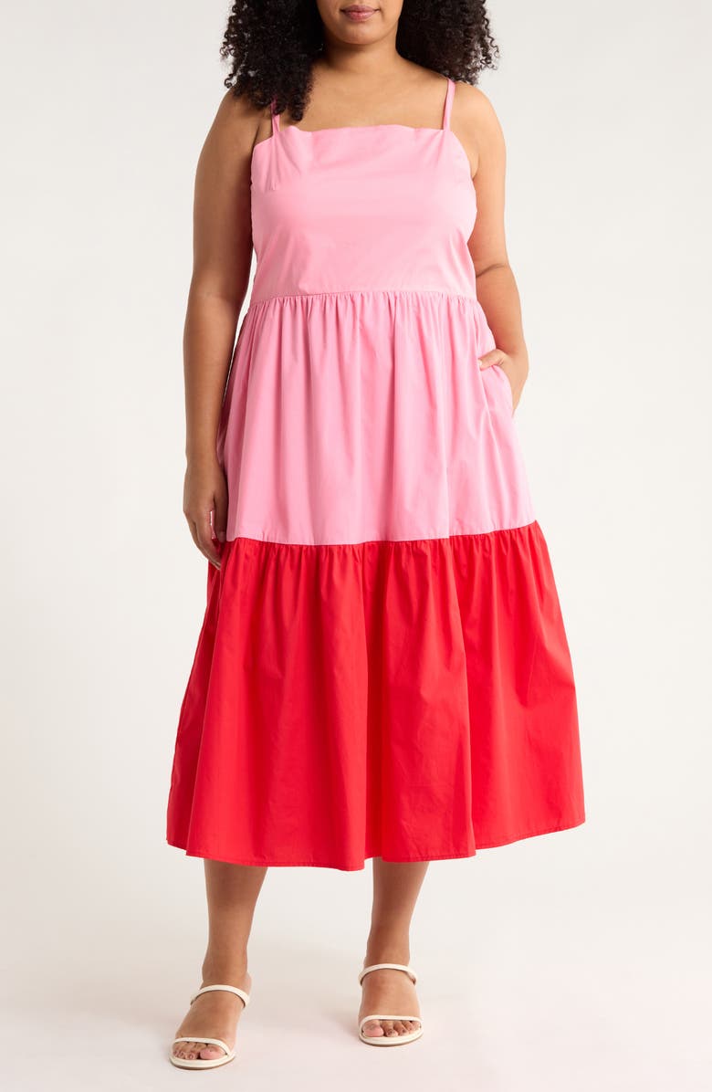 SUGARLIPS Rebekah Colorblock Cotton Midi Dress, Main, color, Pink-Red