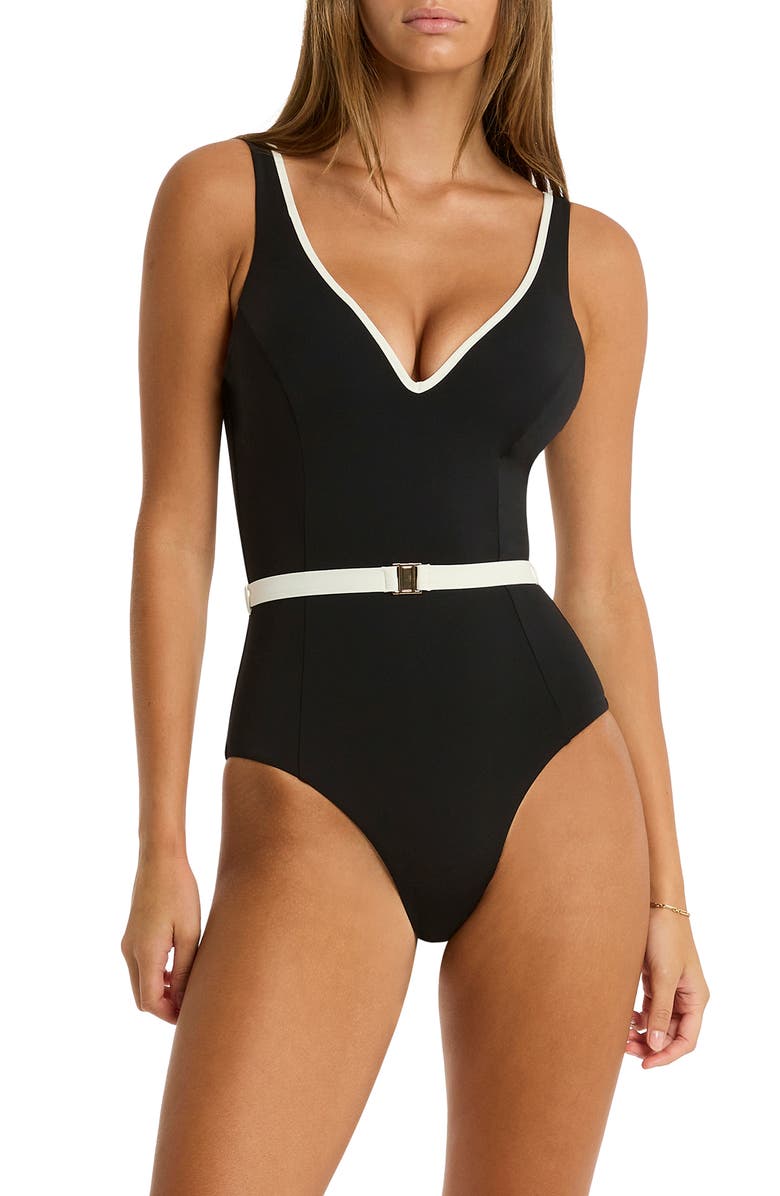 Sea Level Babylon Belted One-Piece Swimsuit, Main, color, Black