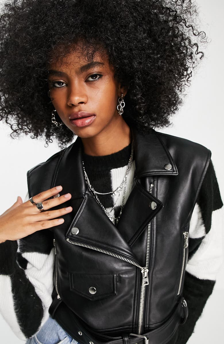Topshop Crop Faux Leather Biker Vest, Alternate, color,