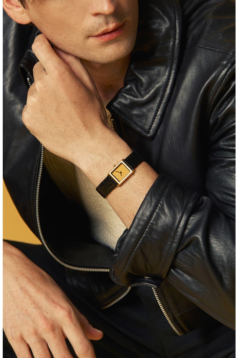 Small Virgil Leather Strap Goldtone Tank Watch, 20mm x 26mm, Alternate, color, GOLD