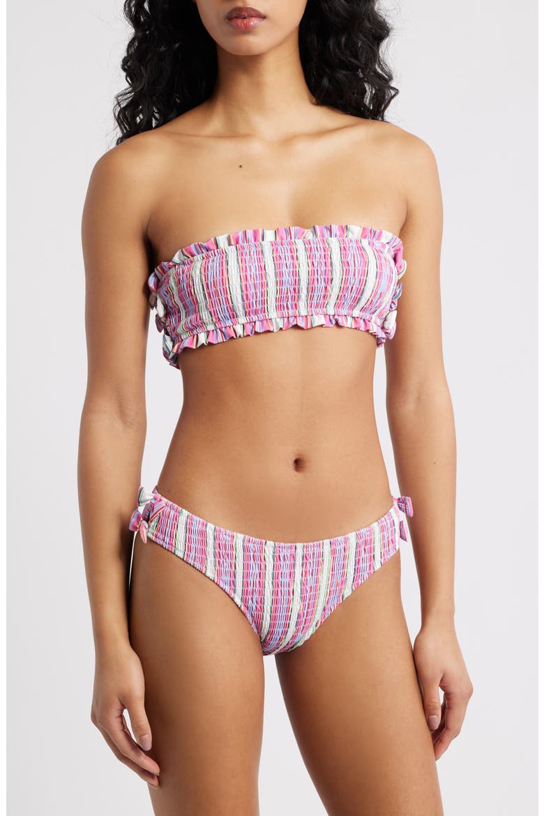 Stripe Smocked Bow Bandeau Bikini Top, Alternate, color, PINK