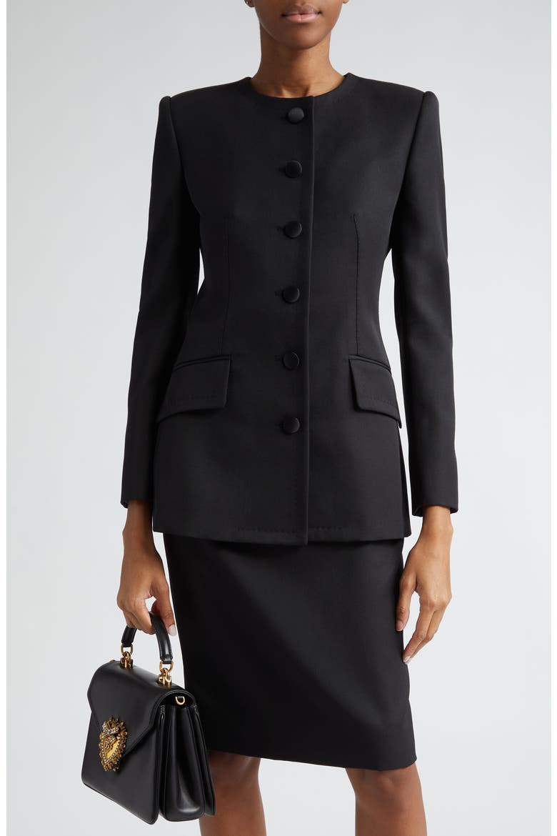 Collarless Crepe Jacket, Main, color, NERO