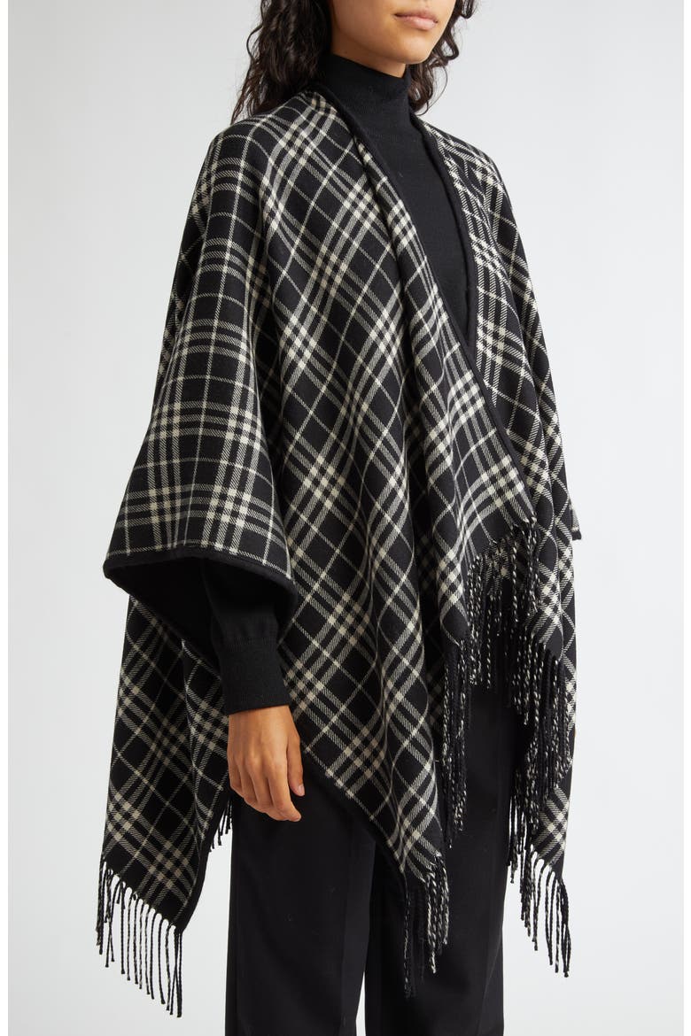 Reversible Open Front Wool Cape, Alternate, color, BLACK/ CALICO IP CHK