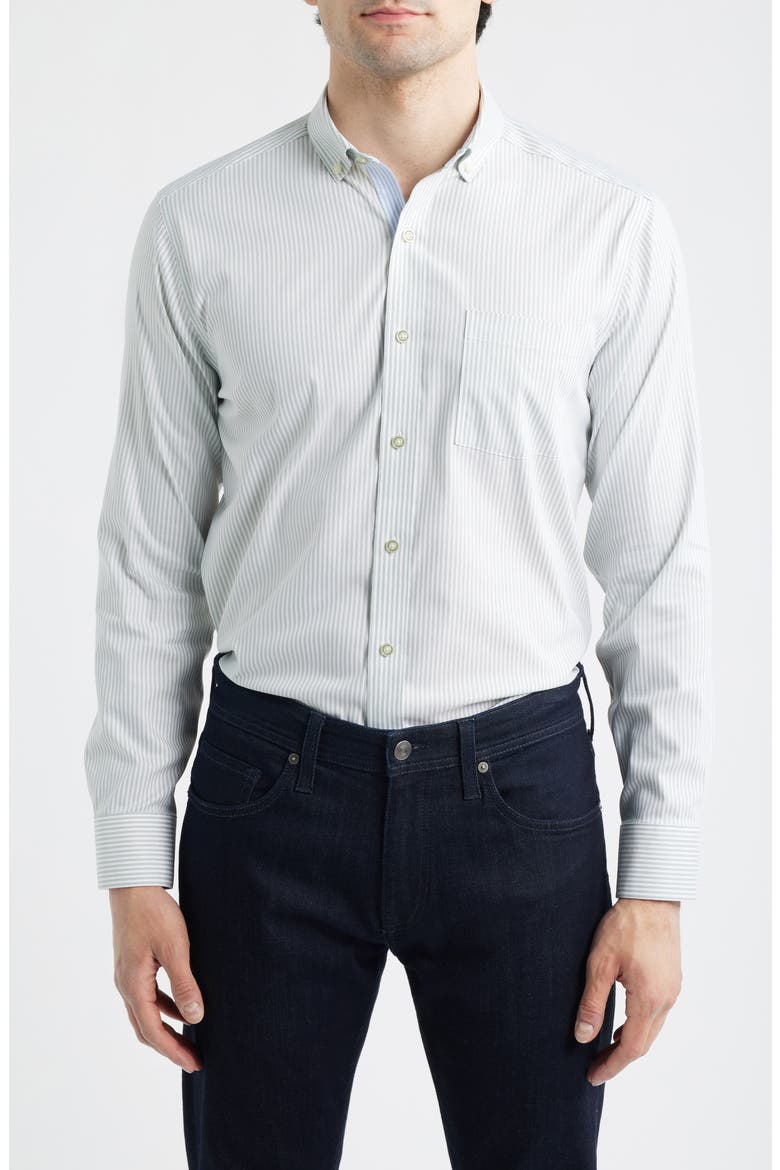 Ovation Stripe Non-Iron Stretch Cotton Button-Up Shirt, Main, color, GREEN STRIPED OXFORD
