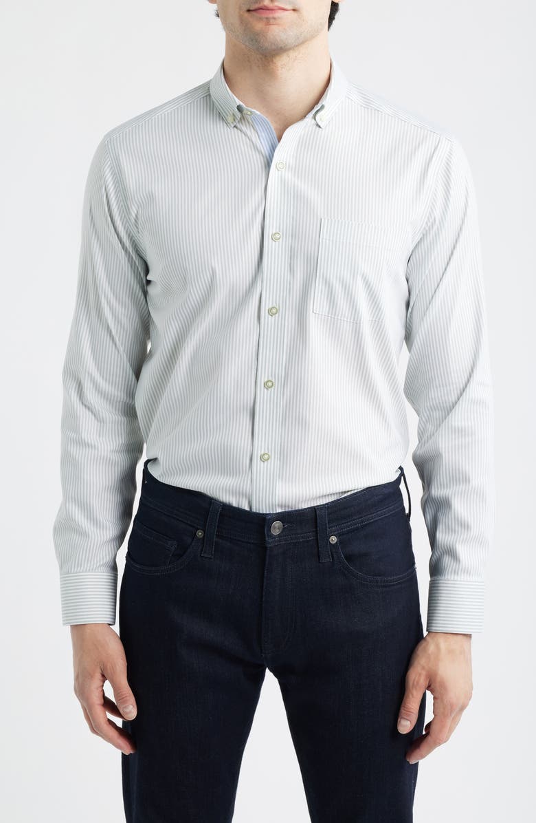 Johnston & Murphy Ovation Stripe Non-Iron Stretch Cotton Button-Up Shirt, Main, color, Green Striped Oxford