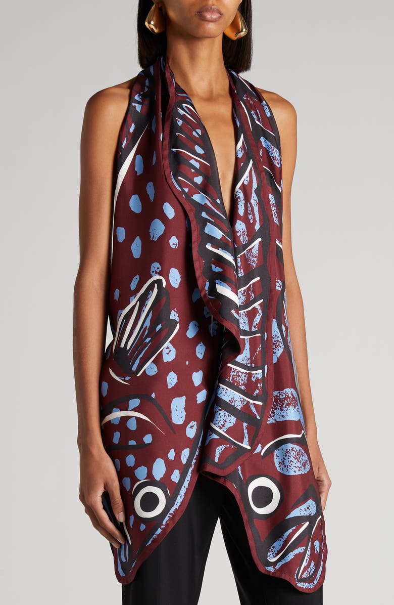 Bottega Veneta Fish Print Asymmetric Silk Twill Halter Top, Alternate, color, 6069 Black Cherry/ Admiral