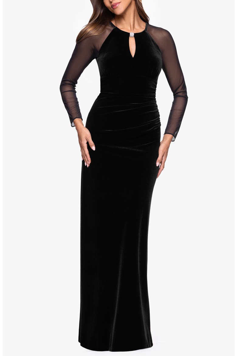 Mesh Long Sleeve Ruched Velvet Gown, Main, color, BLACK