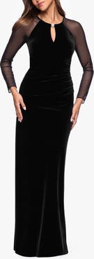 Betsy & Adam Mesh Long Sleeve Ruched Velvet Gown