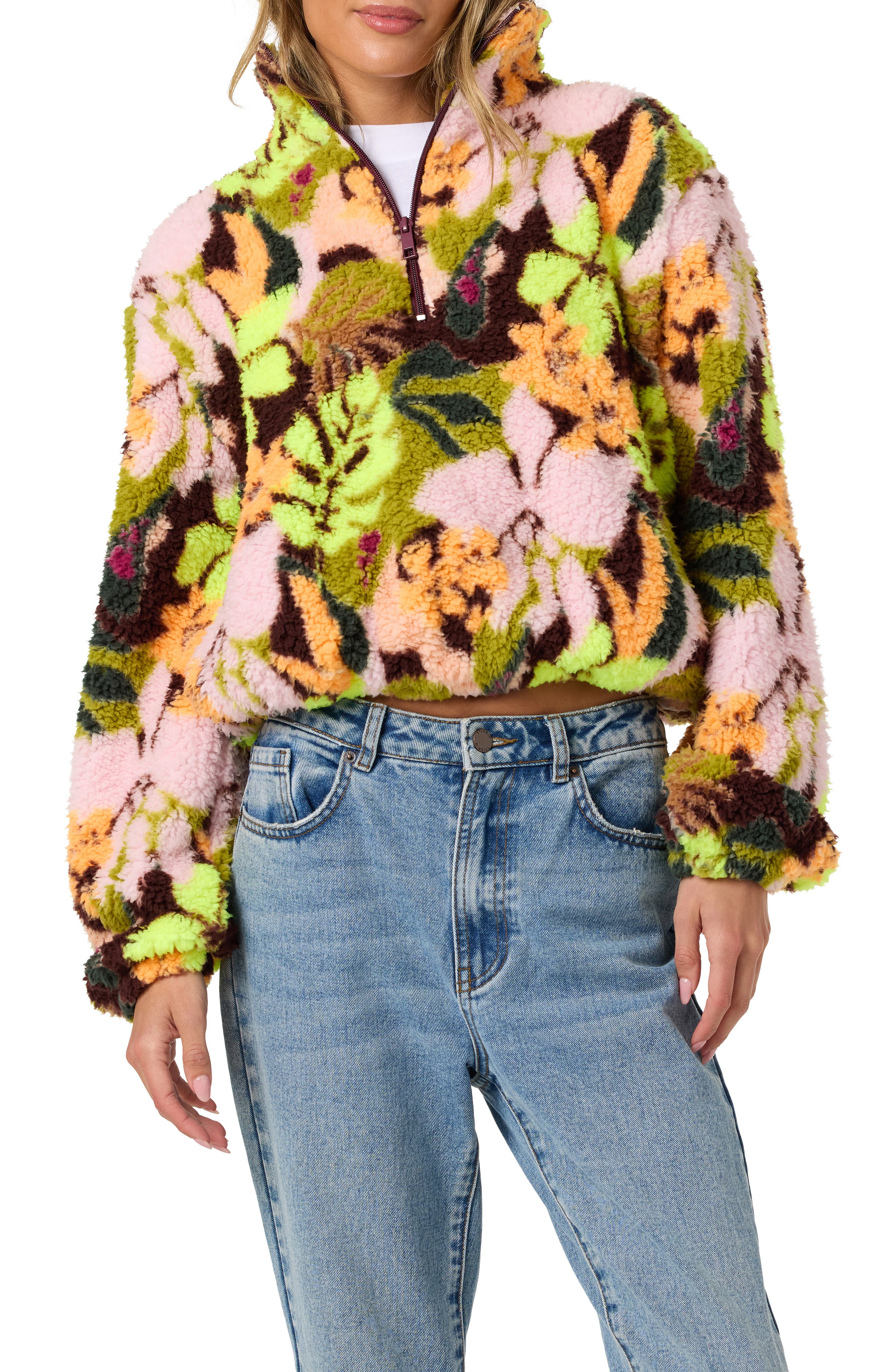 Kacey High Pile Floral Half Zip Jacket (Women) | Nordstrom