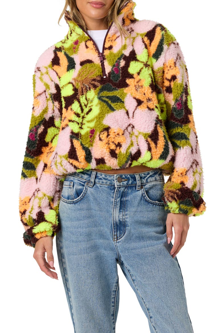 Kacey High Pile Floral Half Zip Jacket, Alternate, color, CHARTREUSE