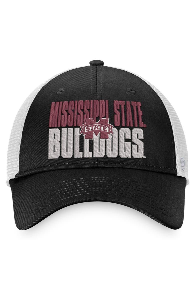 Men's Top of the World Black/White Mississippi State Bulldogs Stockpile Trucker Snapback Hat, Alternate, color, Black