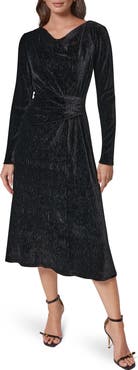Donna Karan New York Crinkled Velvet Cowl Neck Long Sleeve Midi Dress