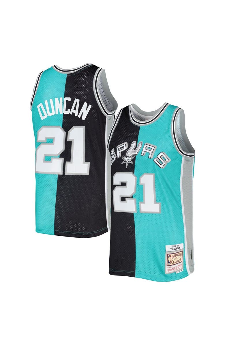 Mitchell & Ness Men's Mitchell & Ness Tim Duncan Black/Teal San Antonio Spurs Hardwood Classics 1998/99 Split Swingman Jersey, Alternate, color, 