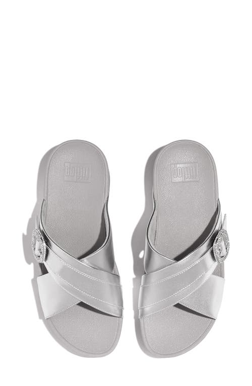 Fitflop Lulu Crystal Buckle Metallic Leather Slide Sandal In Silver