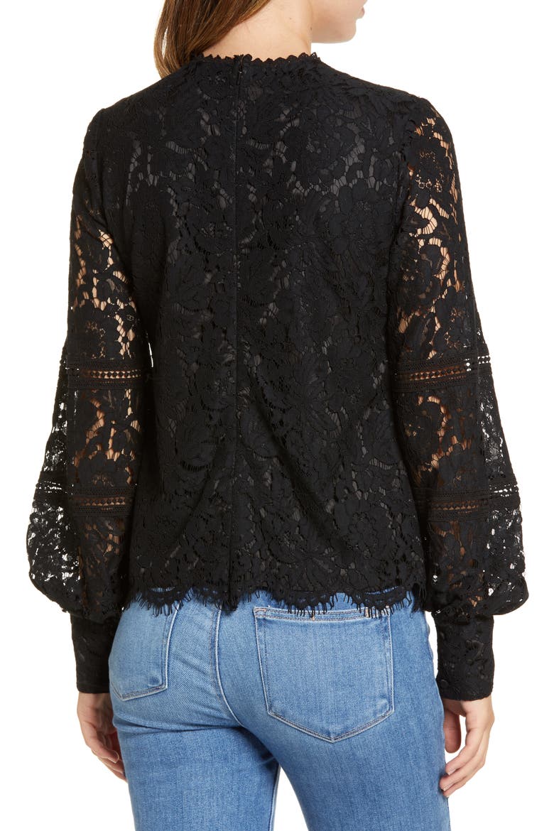 Bishop Sleeve Scalloped Lace Top, Alternate, color, BLACK