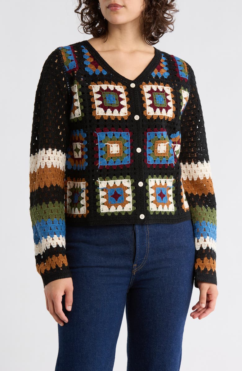 Forgotten Grace Crochet Sweater Cardigan, Main, color, Black