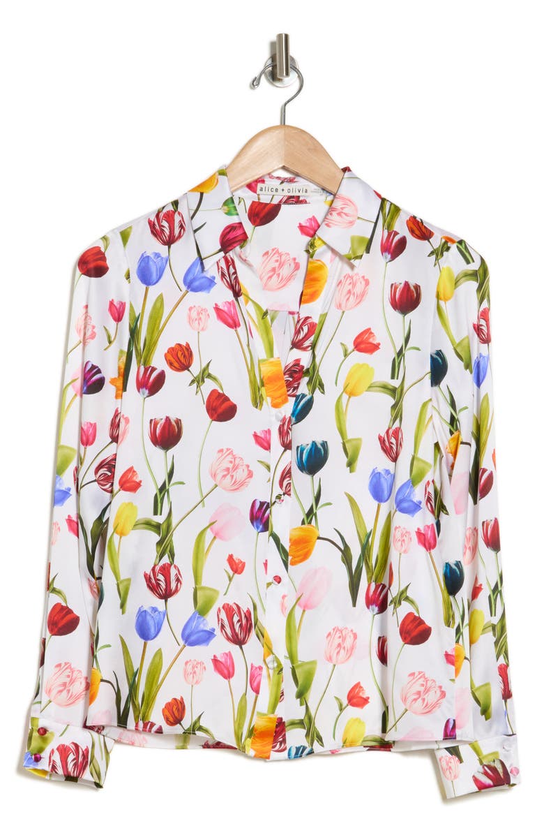 Alice + Olivia Eloise Floral Silk Button-Up Shirt, Alternate, color, 