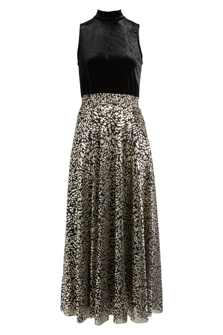 Mixed Media Metallic Print Gown, Alternate, color, GOLD/BLACK