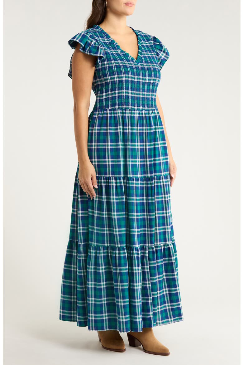 Buckley Plaid Sunfire Smocked Cotton Tiered Maxi Dress, Alternate, color, NAVY-GREEN