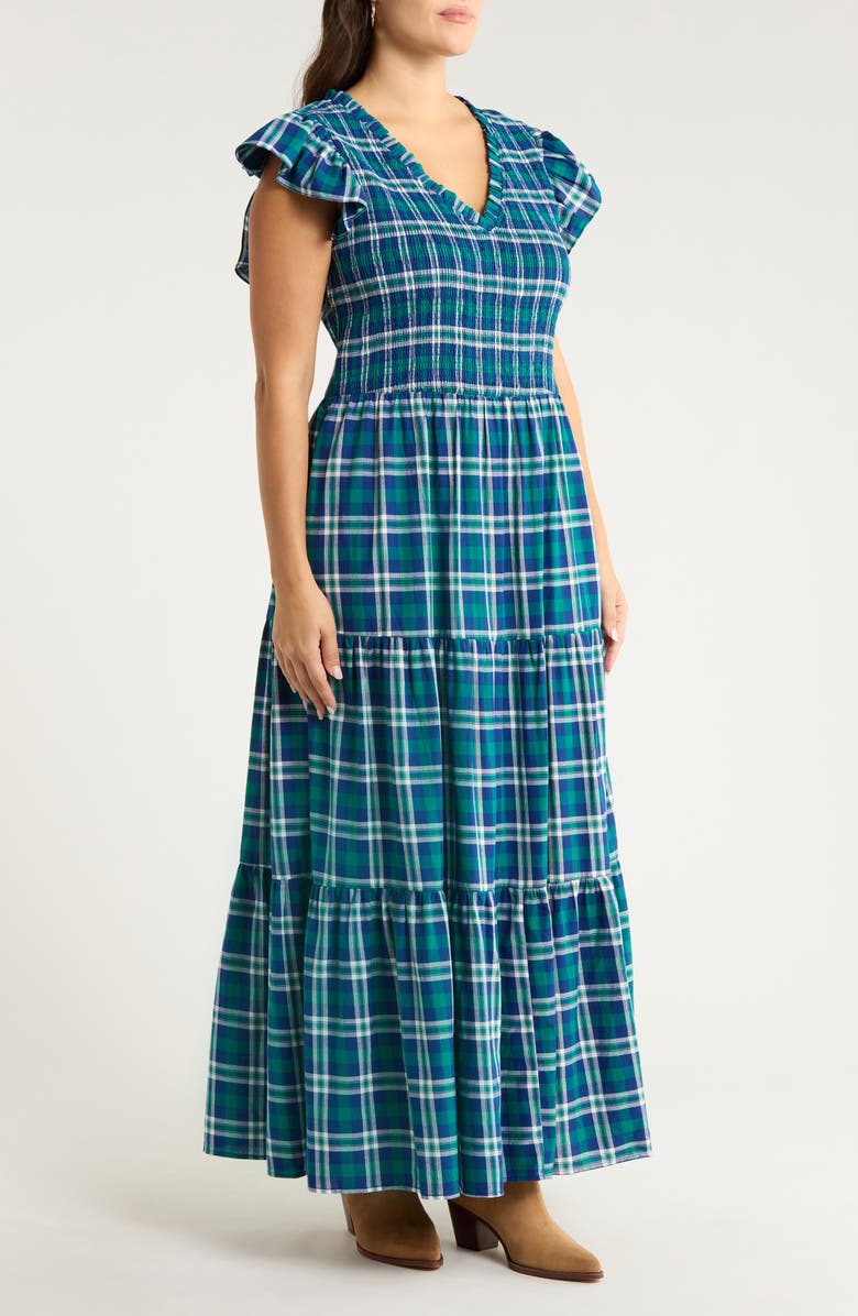SUGARLIPS Buckley Plaid Sunfire Smocked Cotton Tiered Maxi Dress, Alternate, color, Navy-Green