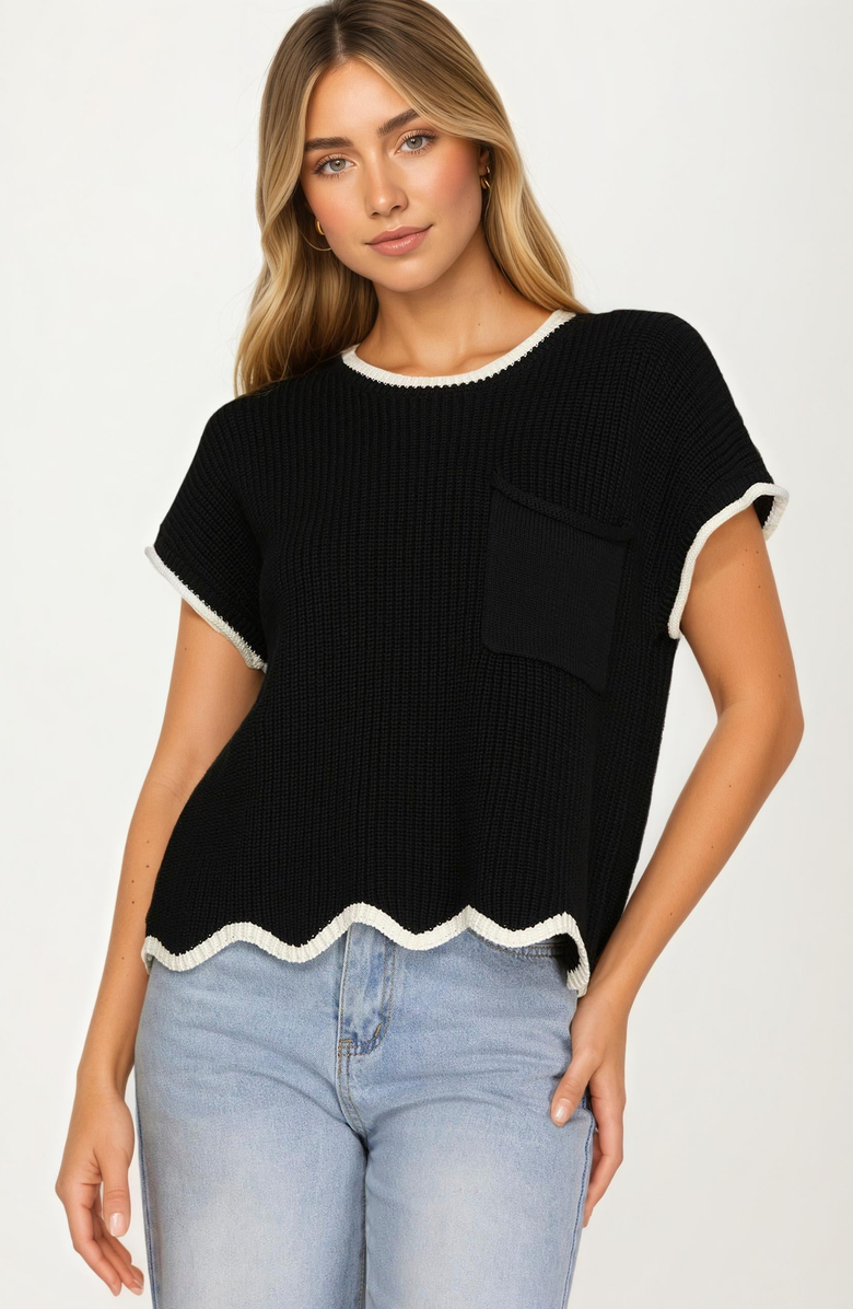 Knit and Lounge Contrast Trim Pocket Short Sleeve Knit Top, Main, color,
