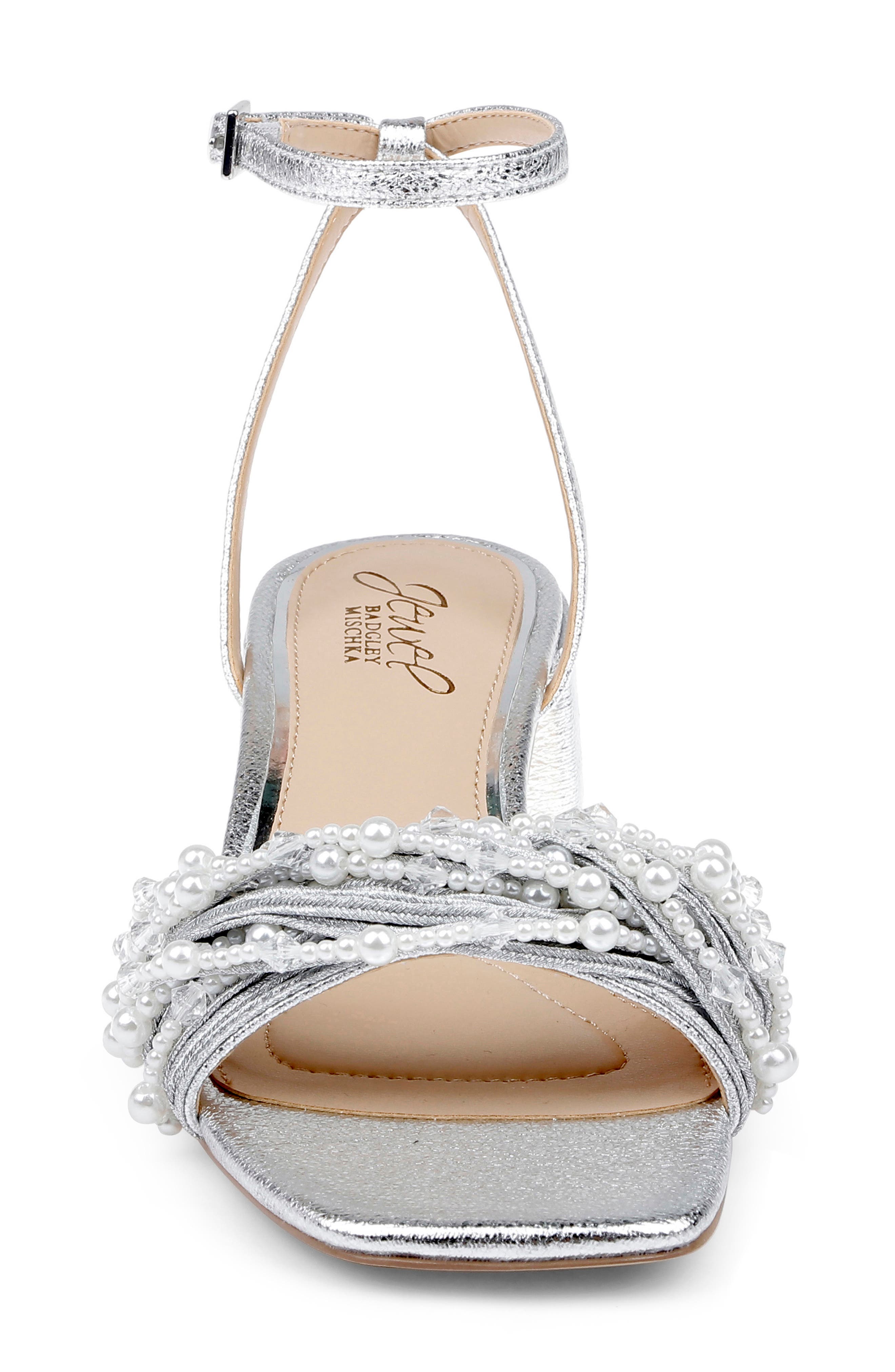 Jewel Badgley Mischka Fallon Ankle Strap Sandal, Alternate, color, Silver Textile