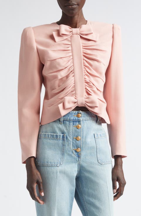 Bow Detail Crispy Lightweight Crop Wool Jacket