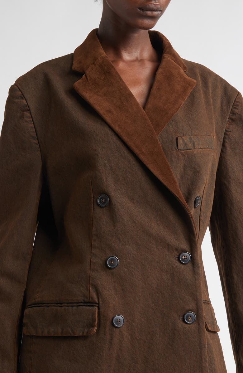 Dries Van Noten Bafya Velvet Trim Double Breasted Denim Blazer, Alternate, color, Brown