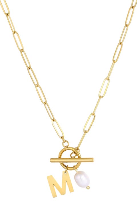 18K Gold Plated Pearl & Initial Toggle Pendant Necklace