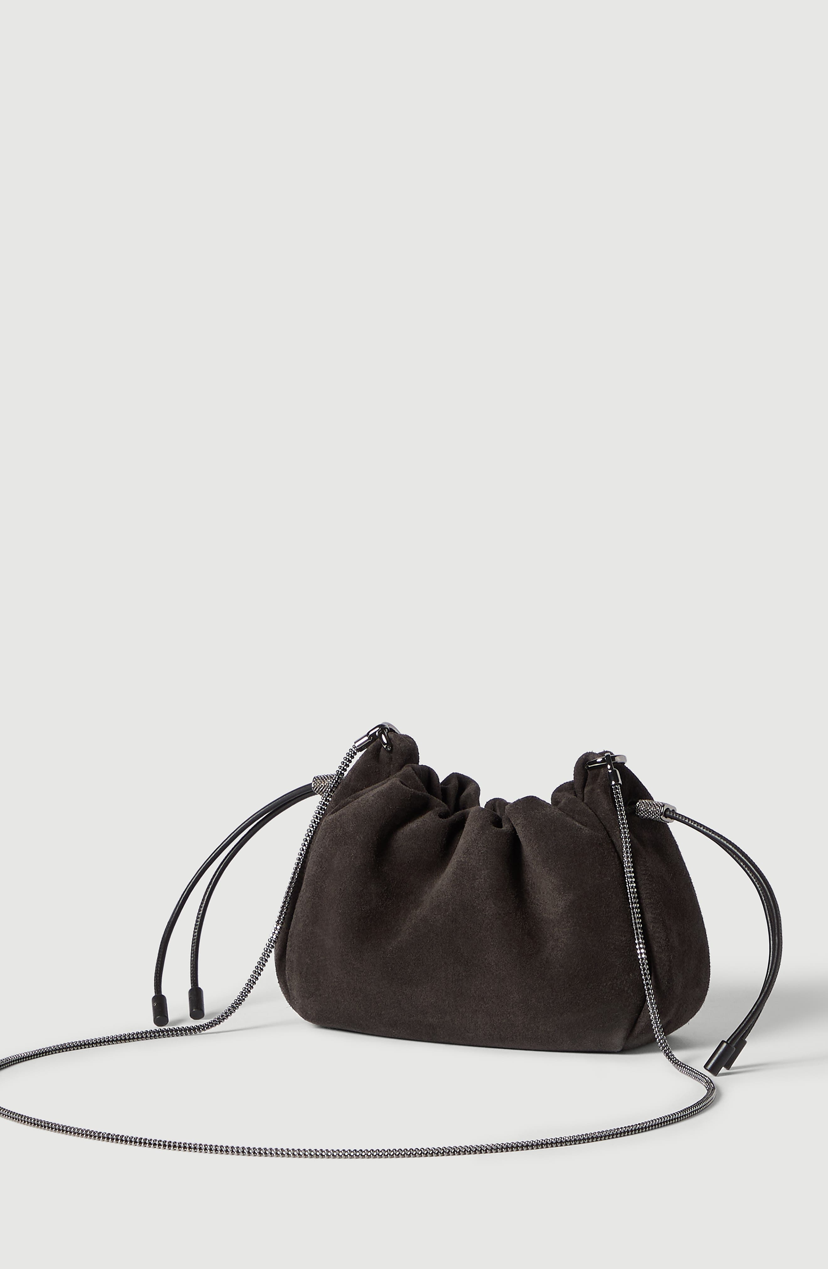 Mellow mini bucket bag in suede with precious chain, Alternate, color, Pepper