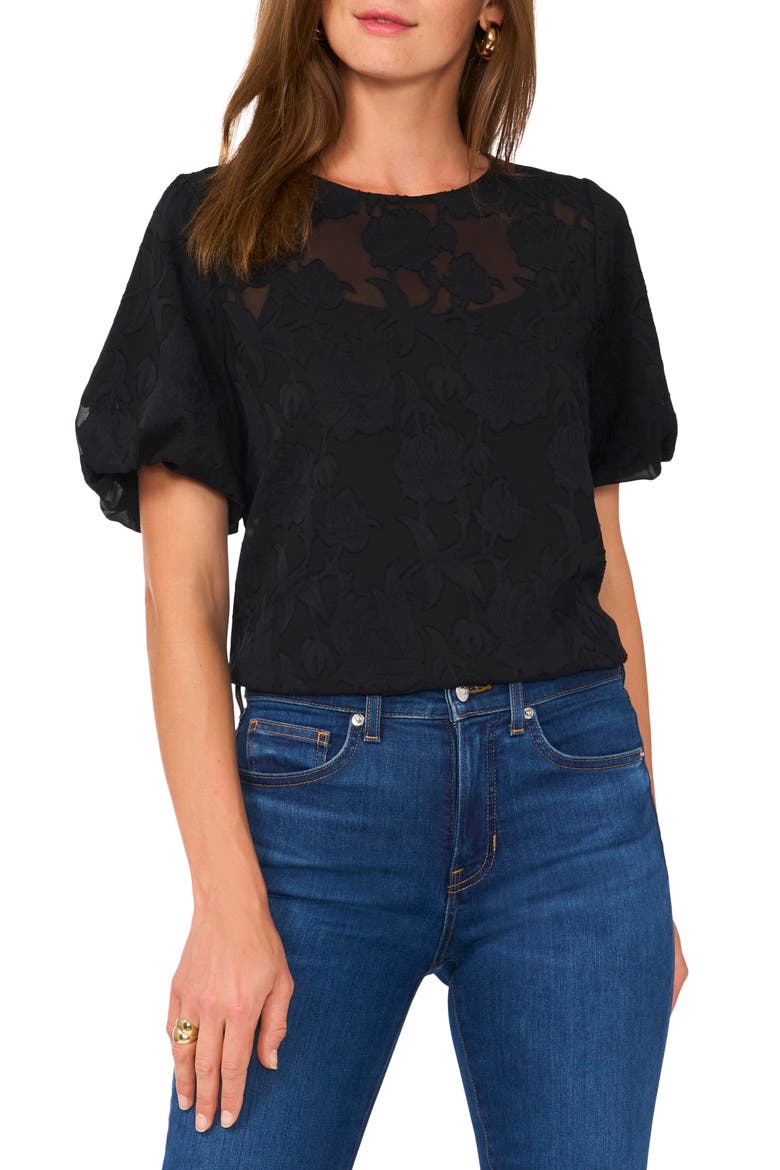 Puff Sleeve Jacquard Chiffon Top, Main, color, RICH BLACK